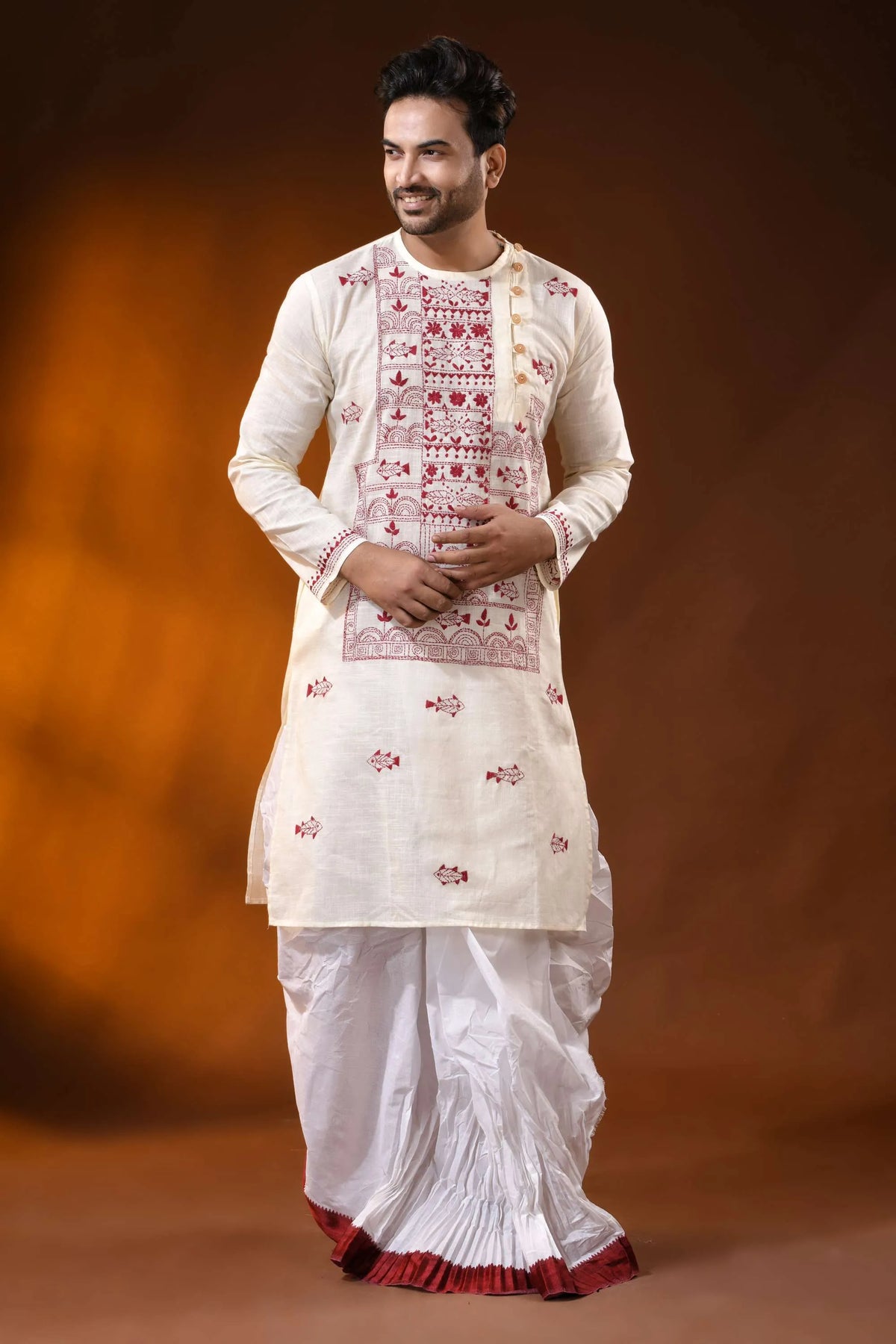 Ivory pure cotton men’s punjabi featuring fish motif kantha stitch art 1