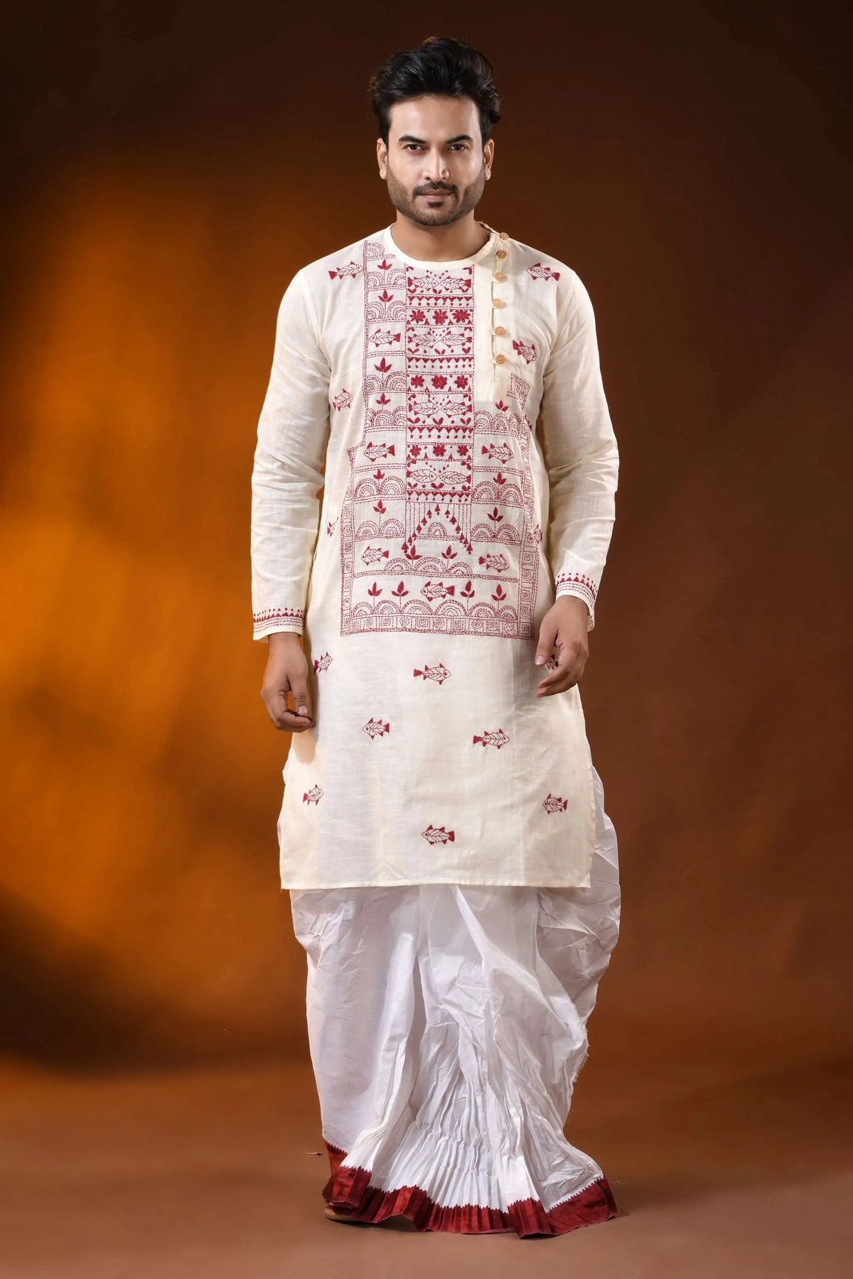 Ivory pure cotton men’s punjabi featuring fish motif kantha stitch art 6