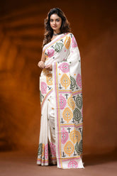 Ivory silk gujrati stitch saree with hand embroidered multicolor paisley motif 6