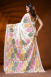 Ivory silk gujrati stitch saree with hand embroidered multicolor paisley motif 5