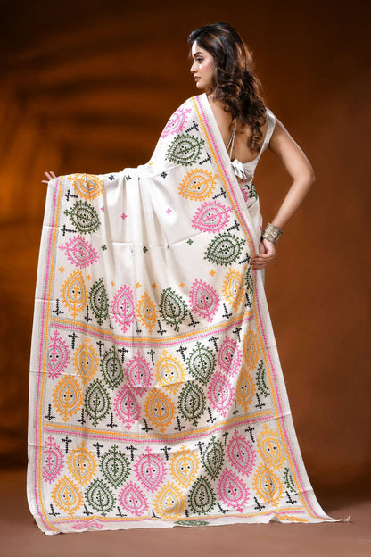 Ivory silk gujrati stitch saree with hand embroidered multicolor paisley motif 5