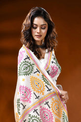 Ivory silk gujrati stitch saree with hand embroidered multicolor paisley motif 2