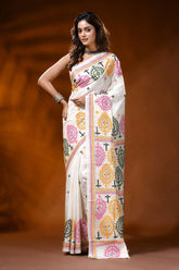 Ivory silk gujrati stitch saree with hand embroidered multicolor paisley motif 1