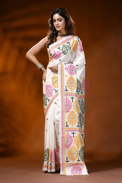 Ivory silk gujrati stitch saree with hand embroidered multicolor paisley motif 1