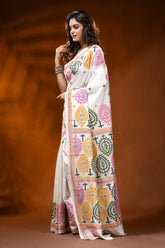 Ivory silk gujrati stitch saree with hand embroidered multicolor paisley motif 3