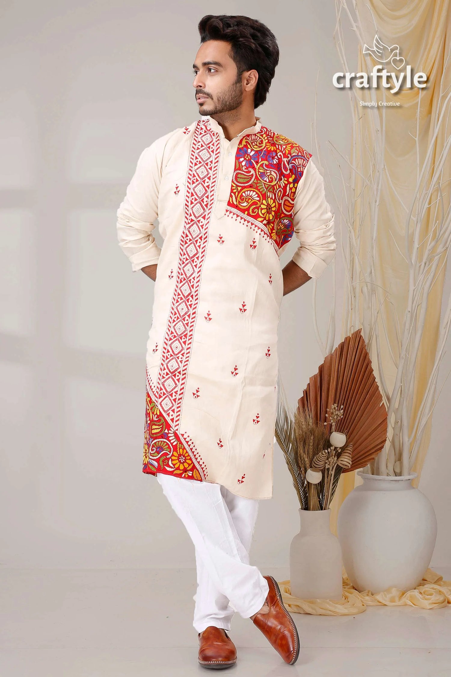 Ivory white and red hand kantha stitched mens kurta cream-colored intricate orange 1