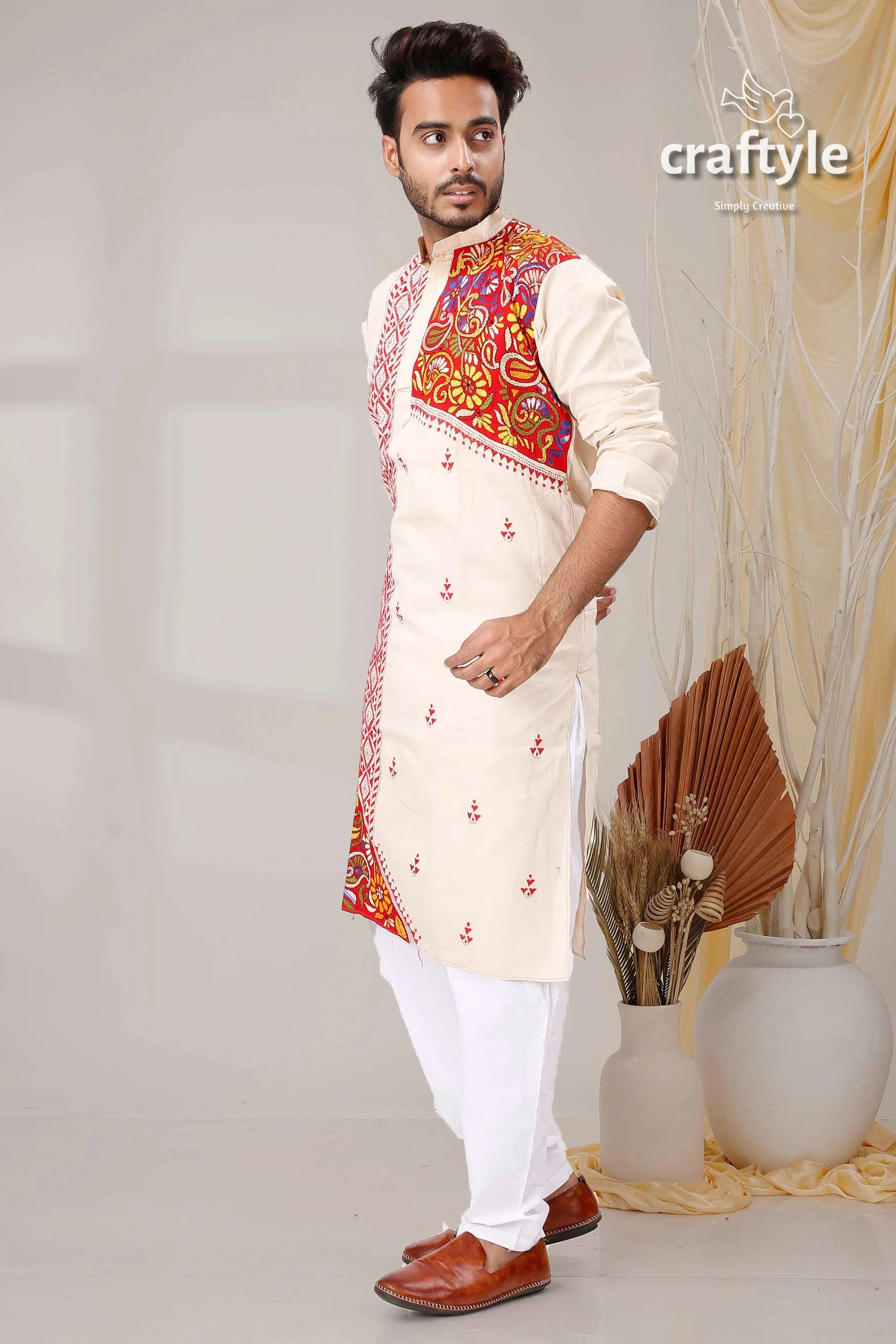 Ivory white and red hand kantha stitched mens kurta man cream-colored intricate 3