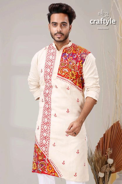 Ivory white and red hand kantha stitched mens kurta cream-colored intricate orange 2