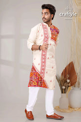 Ivory white and red hand kantha stitched mens kurta cream-colored intricate orange 4