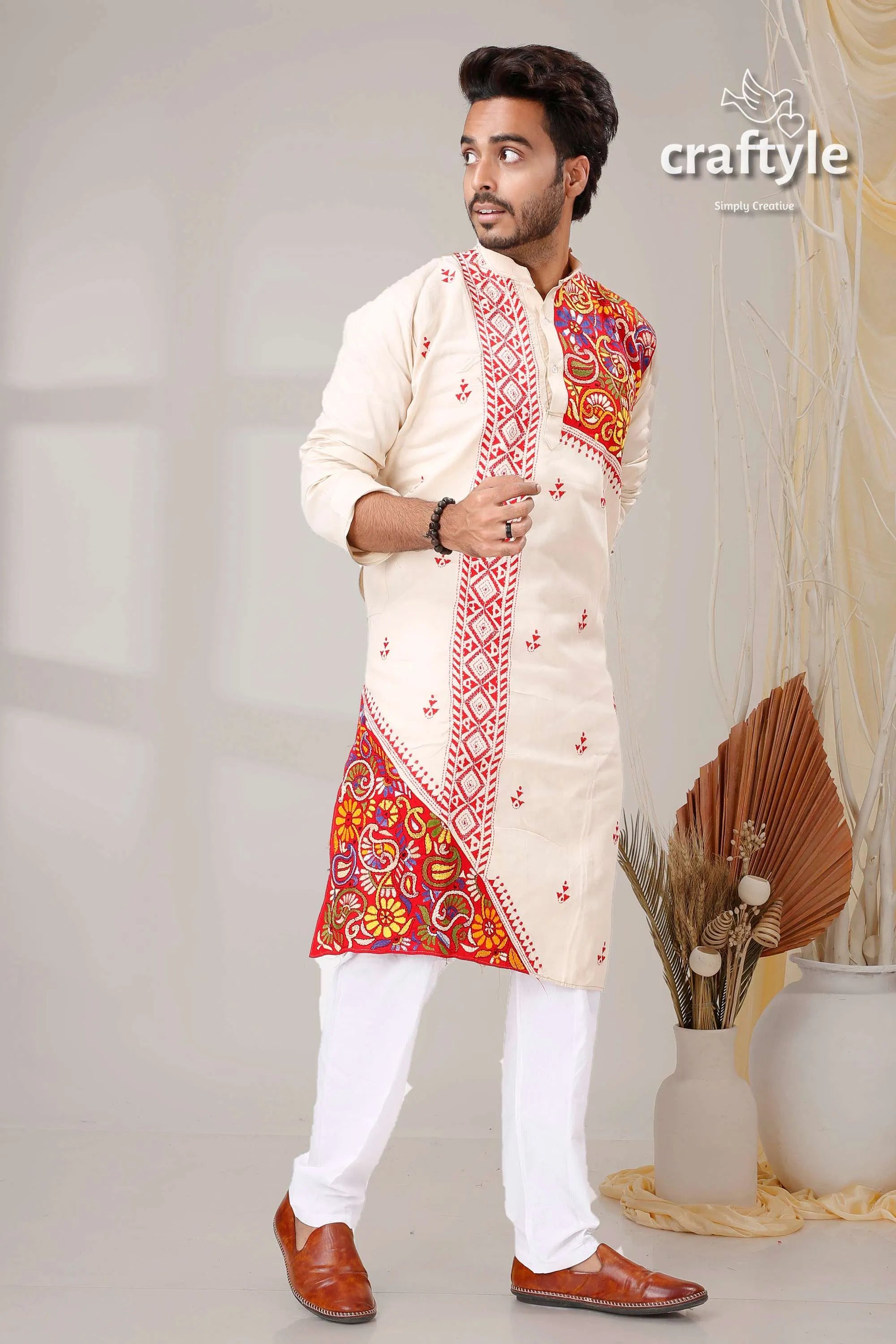 Ivory white and red hand kantha stitched mens kurta cream-colored intricate orange 4