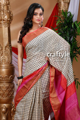 Ivory White & Black Check Design Hand Block Pure Zari Tussar Saree - Craftyle