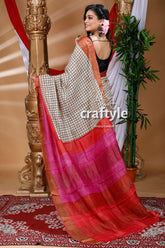 Ivory White & Black Check Design Hand Block Pure Zari Tussar Saree - Craftyle