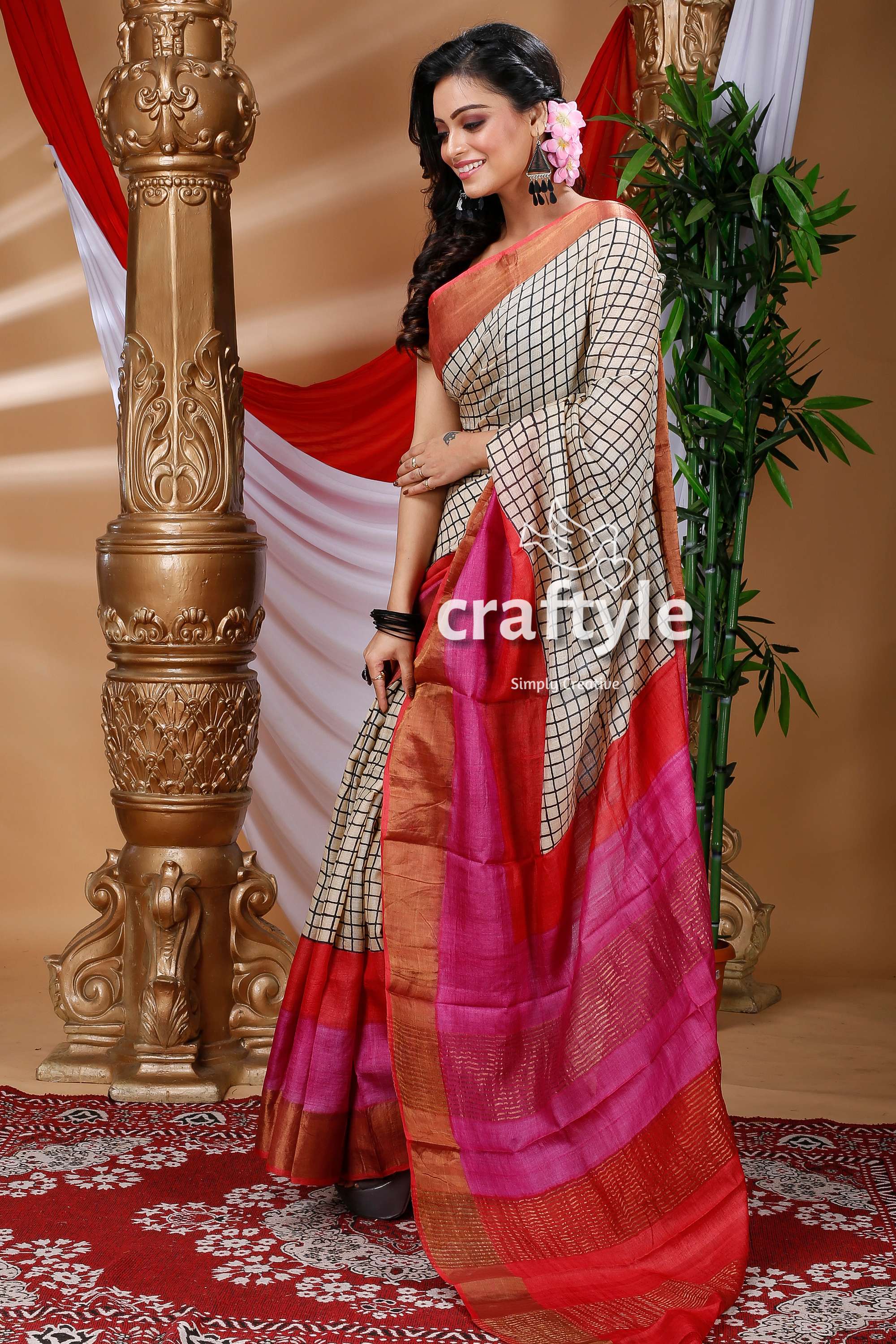 Ivory White &amp; Black Check Design Hand Block Pure Zari Tussar Saree - Craftyle