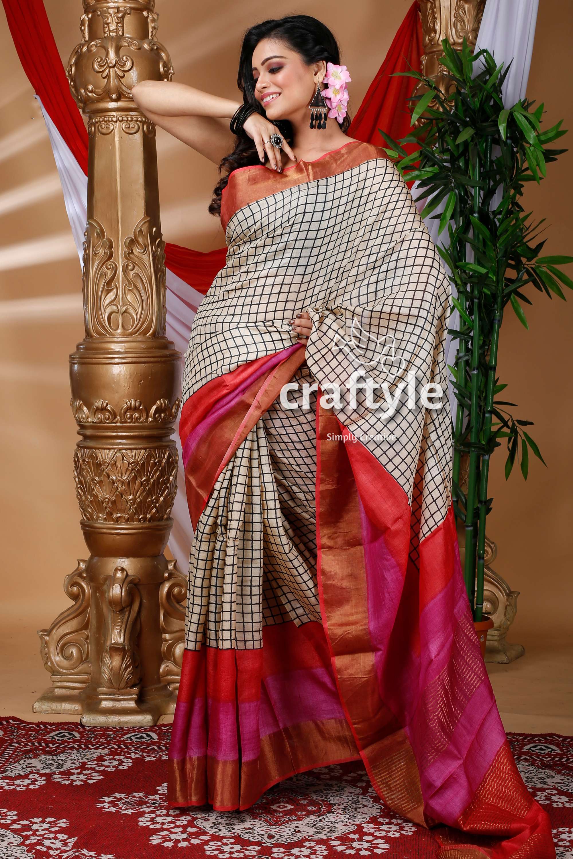 Ivory White &amp; Black Check Design Hand Block Pure Zari Tussar Saree - Craftyle