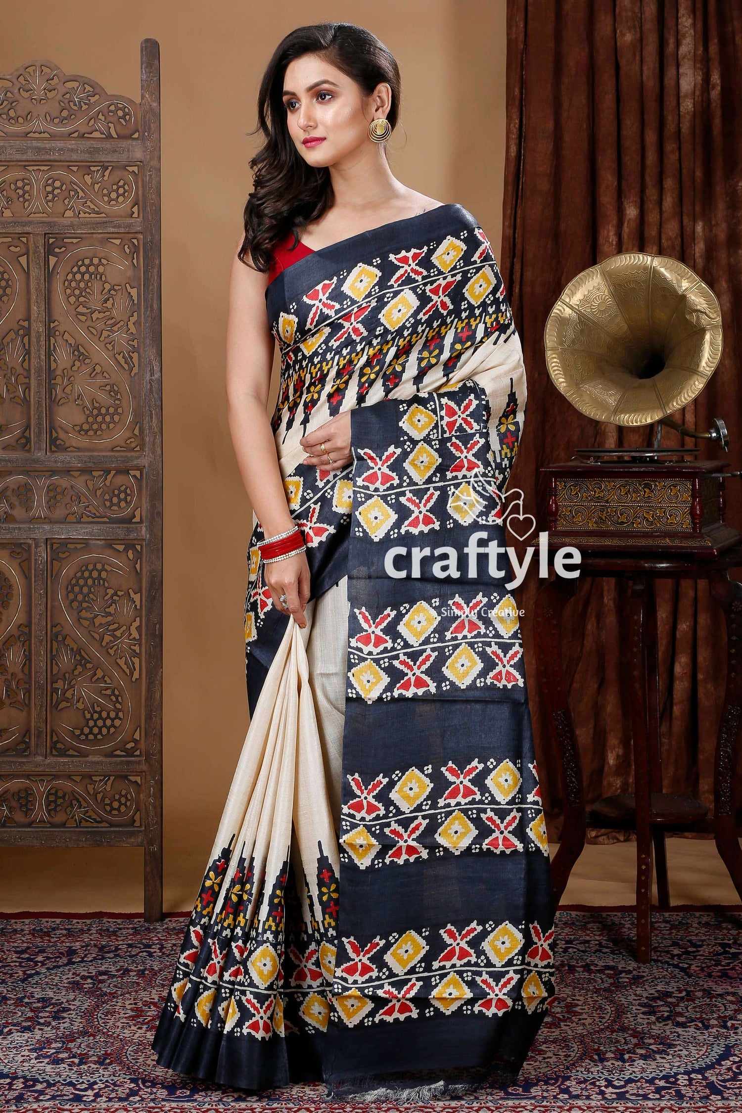 Ivory White &amp; Black Hand Block Printed Pure Tussar Saree - Craftyle