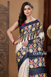 Ivory White & Black Hand Block Printed Pure Tussar Saree - Craftyle