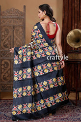 Ivory White & Black Hand Block Printed Pure Tussar Saree - Craftyle