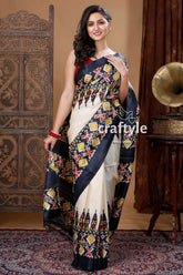 Ivory White & Black Hand Block Printed Pure Tussar Saree - Craftyle