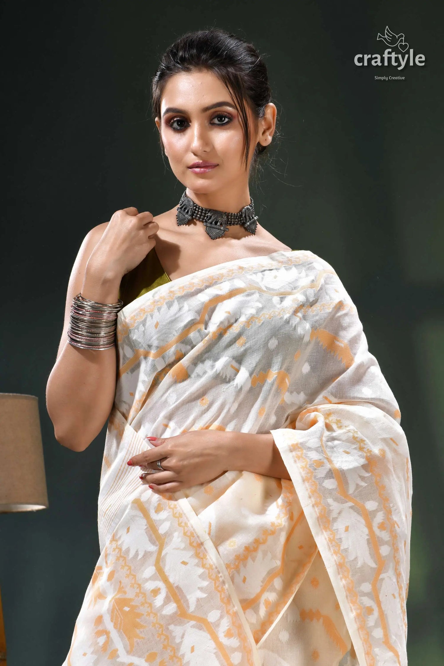 Ivory white classic cotton dhakai jamdani saree white orange batik saree silver 2