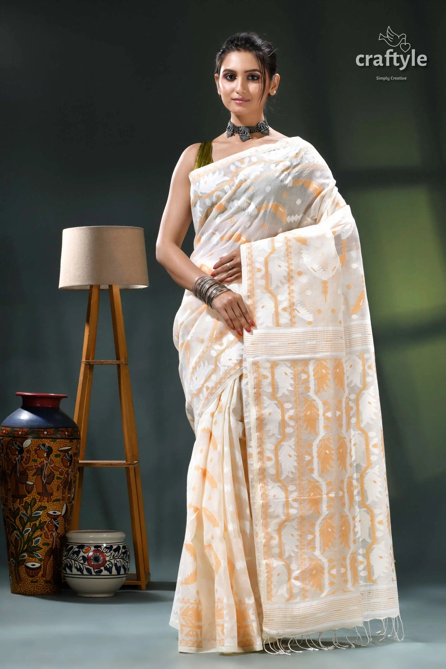 Ivory white classic cotton dhakai jamdani saree cream gold ikat saree black 1