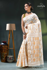 Ivory white classic cotton dhakai jamdani saree cream gold embroidered saree intricate 3