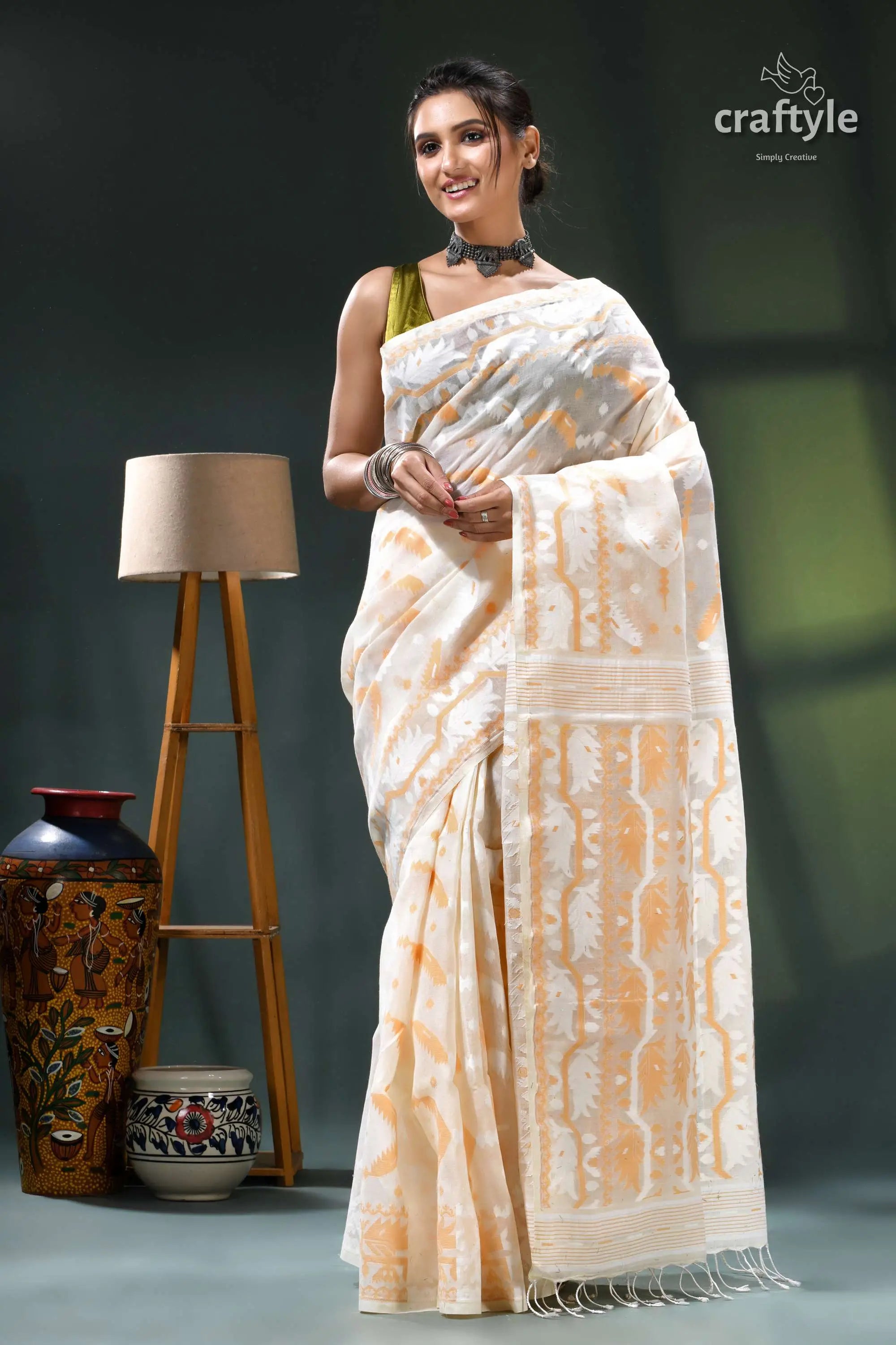 Ivory white classic cotton dhakai jamdani saree cream gold saree intricate floral 6