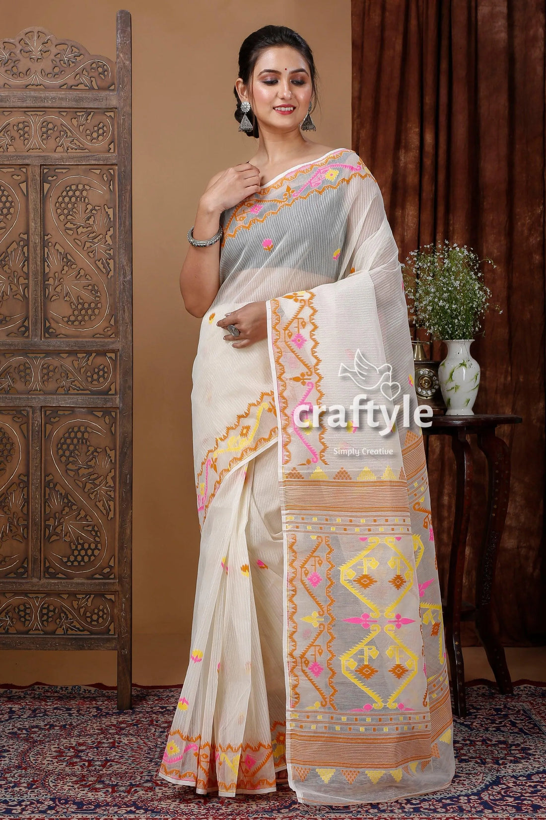 Ivory white dhakai jamdani saree - lightweight and elegant woman colorful embroidery 1
