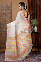 Ivory White Dhakai Jamdani Saree - Lightweight and Elegant - Craftyle