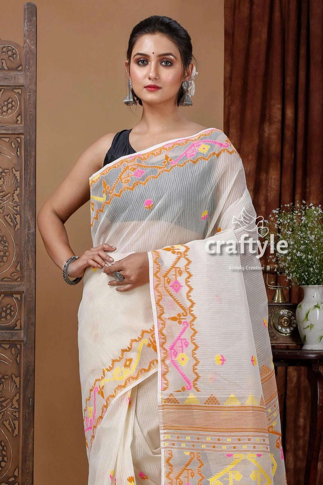 Ivory white dhakai jamdani saree - lightweight and elegant woman colorful embroidery 2