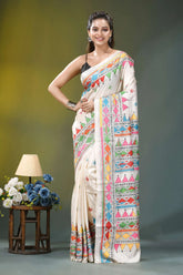 Ivory white geometric hand embroidered silk kantha saree woman wears cream-colored silk saree 7