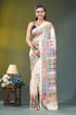 Ivory white geometric hand embroidered silk kantha saree woman wears cream-colored silk saree 1