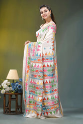 Ivory white geometric hand embroidered silk kantha saree woman wears cream-colored saree adorned 3