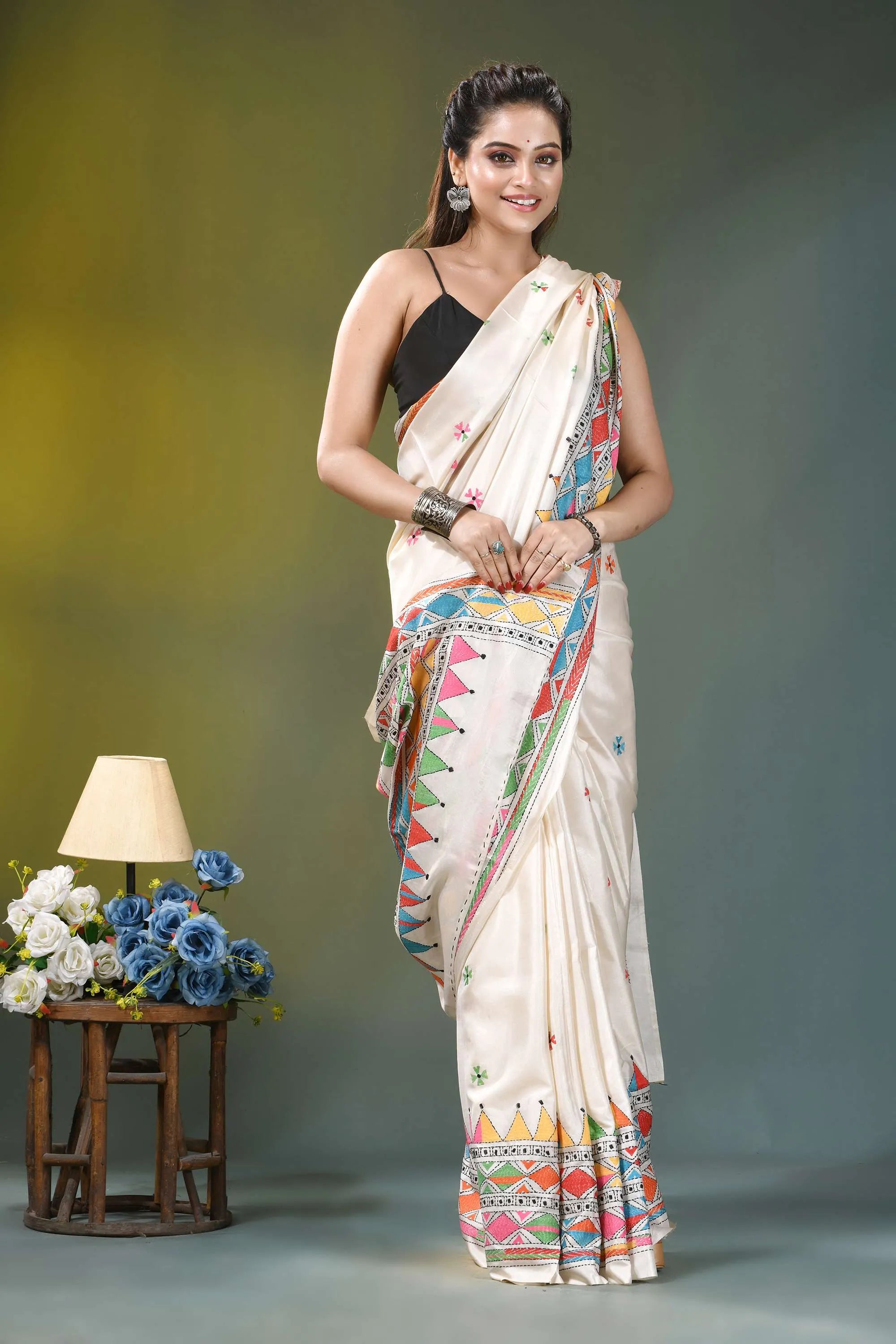 Ivory white geometric hand embroidered silk kantha saree cream-colored silk saree adorned vibrant 6