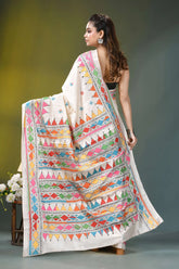 Ivory white geometric hand embroidered silk kantha saree vibrant cream-colored handwoven saree adorned 5