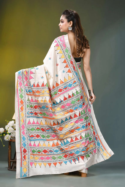 Ivory white geometric hand embroidered silk kantha saree vibrant cream-colored handwoven saree adorned 5