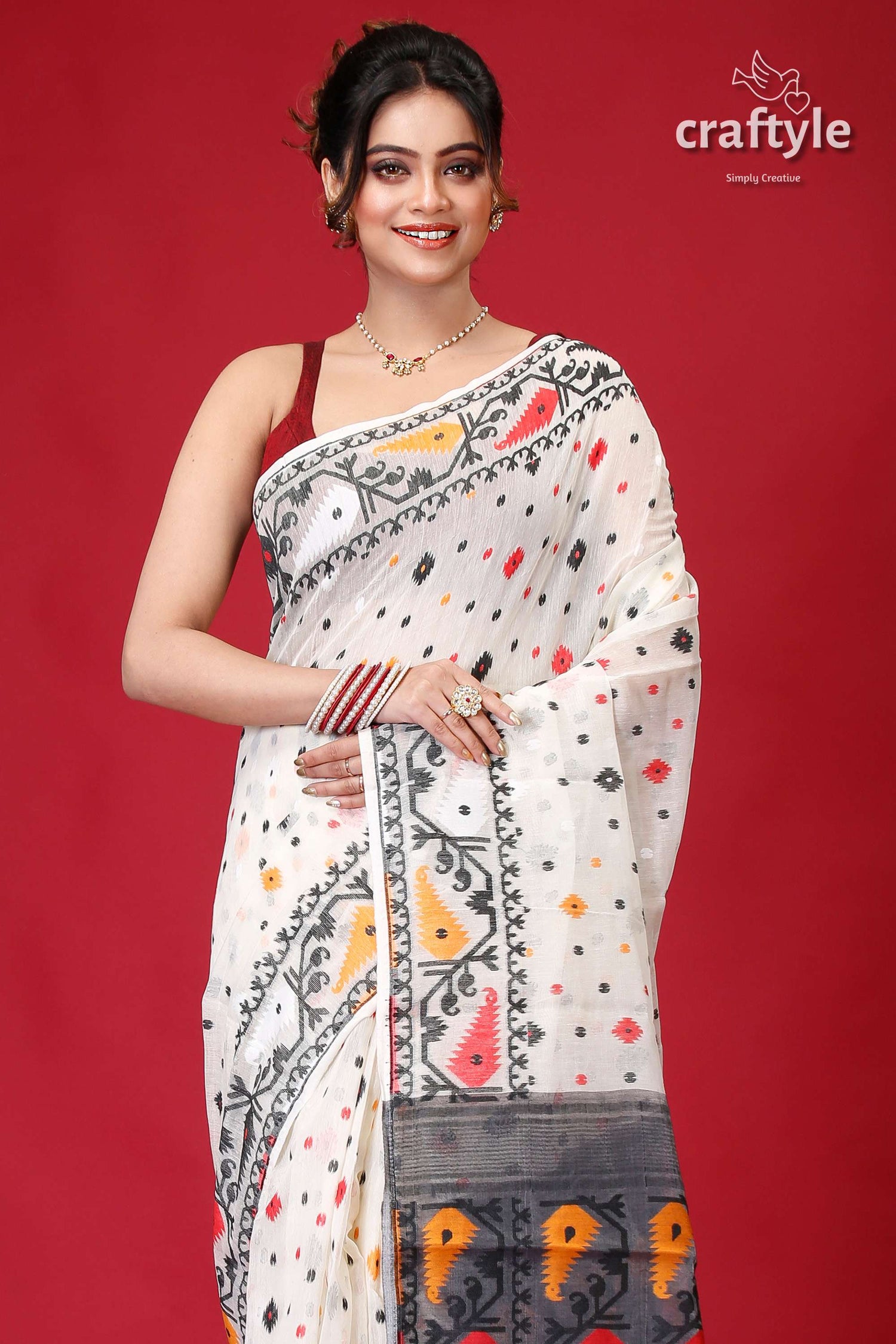 Ivory White Graceful Soft Jamdani Saree-Craftyle