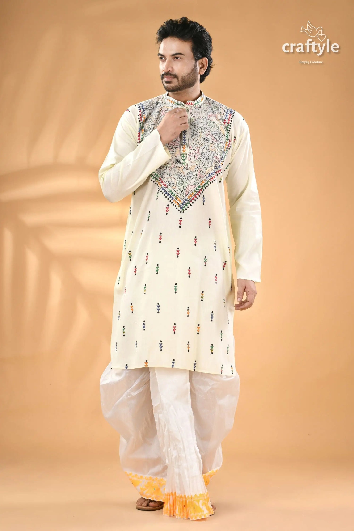 Ivory white hand kantha stitch cotton kurta for men reverse men’s off white kurta colorful embroidered 5