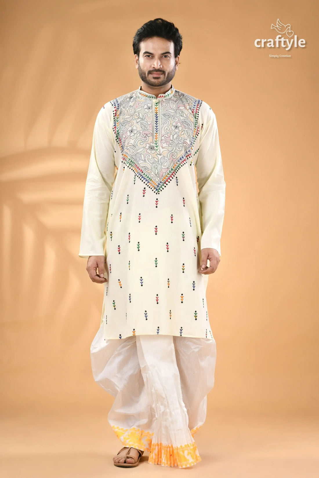 Ivory white hand kantha stitch cotton kurta for men reverse men’s off white cotton panjabi colorful 1