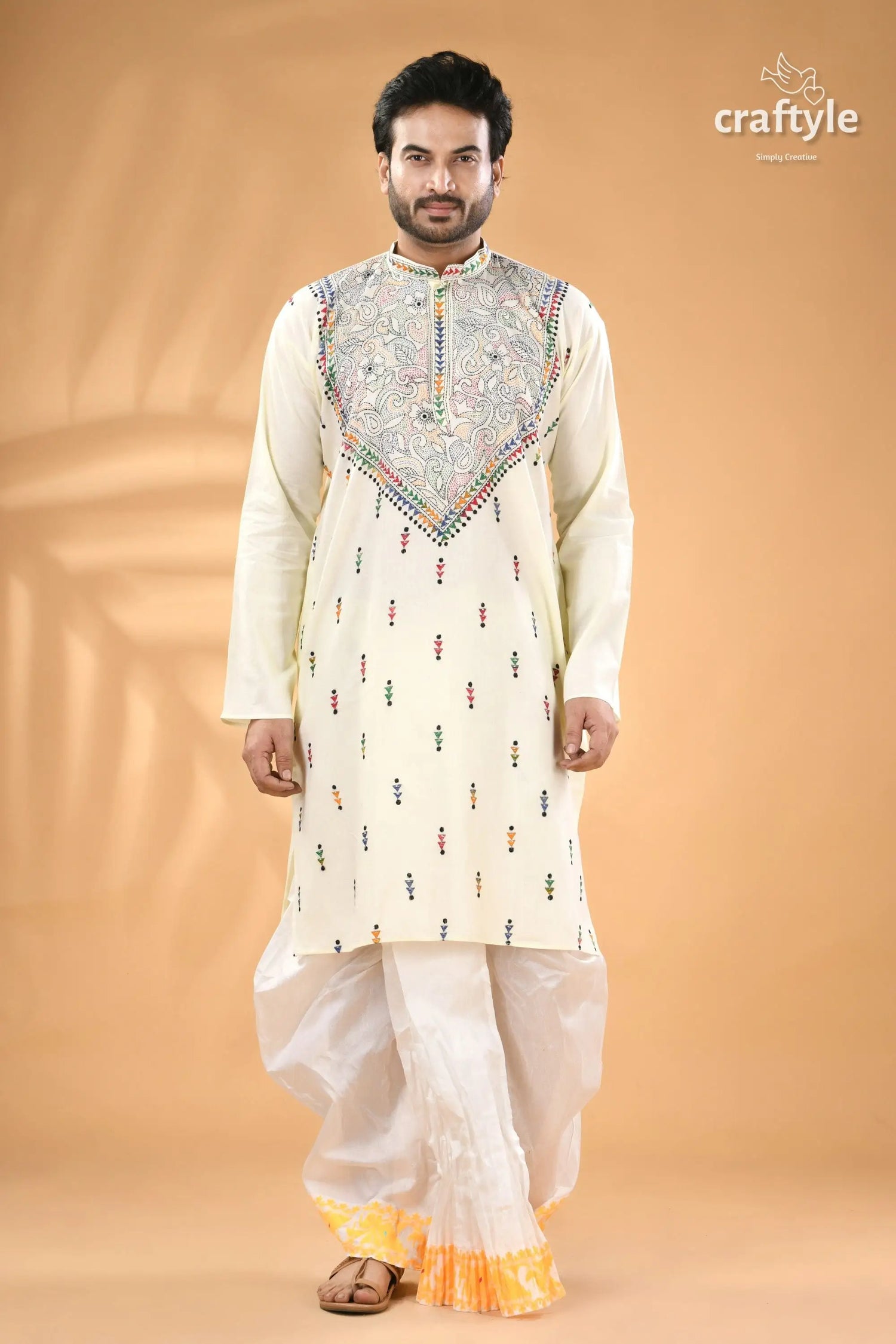 Ivory white hand kantha stitch cotton kurta for men reverse men’s off white cotton panjabi colorful 1
