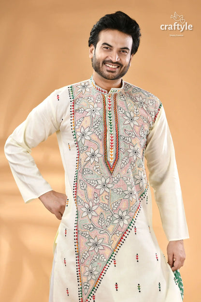 Ivory white kantha embroidery cotton mens kurta reverse stitch men’s off white kurta colorful floral 2
