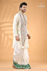 Ivory white kantha embroidery cotton mens kurta reverse stitch men’s off white kurta colorful embroidered 4