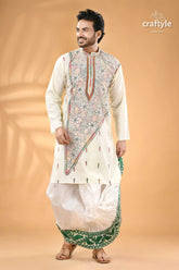 Ivory white kantha embroidery cotton mens kurta reverse stitch men’s off white embroidered kurta green 1