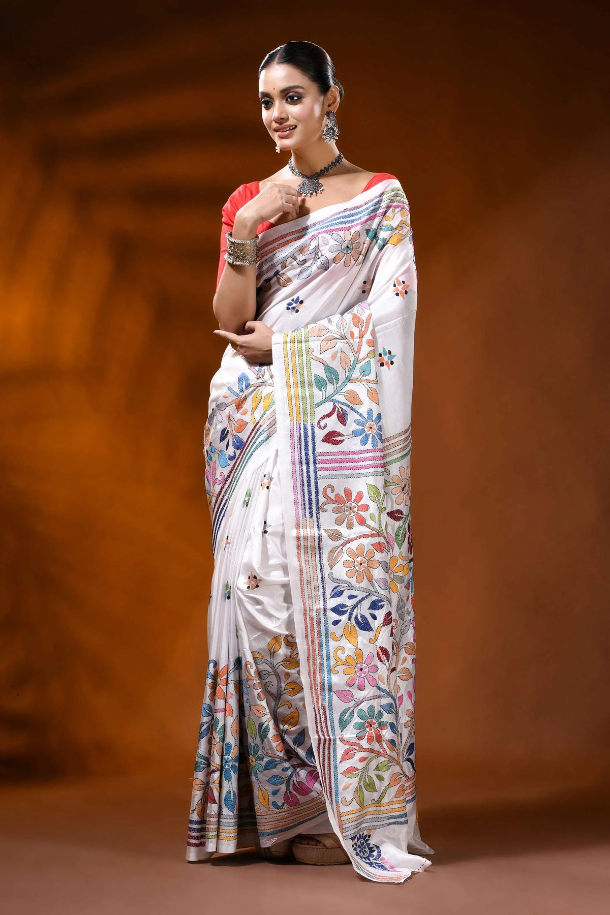 Ivory white kantha embroidery silk saree with multicolor floral motif 7
