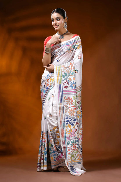 Ivory white kantha embroidery silk saree with multicolor floral motif 7