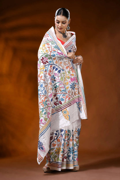 Ivory white kantha embroidery silk saree with multicolor floral motif 4