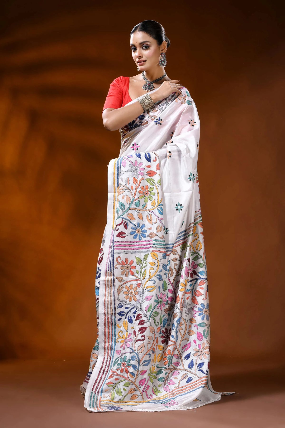 Ivory white kantha embroidery silk saree with multicolor floral motif 6