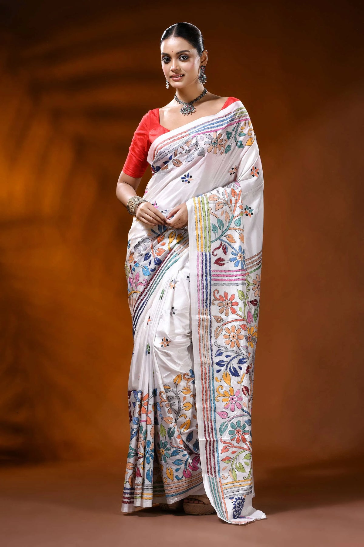 Ivory white kantha embroidery silk saree with multicolor floral motif 1