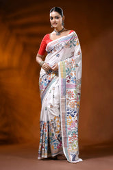 Ivory white kantha embroidery silk saree with multicolor floral motif 1