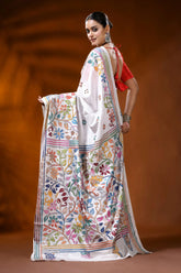 Ivory white kantha embroidery silk saree with multicolor floral motif 5