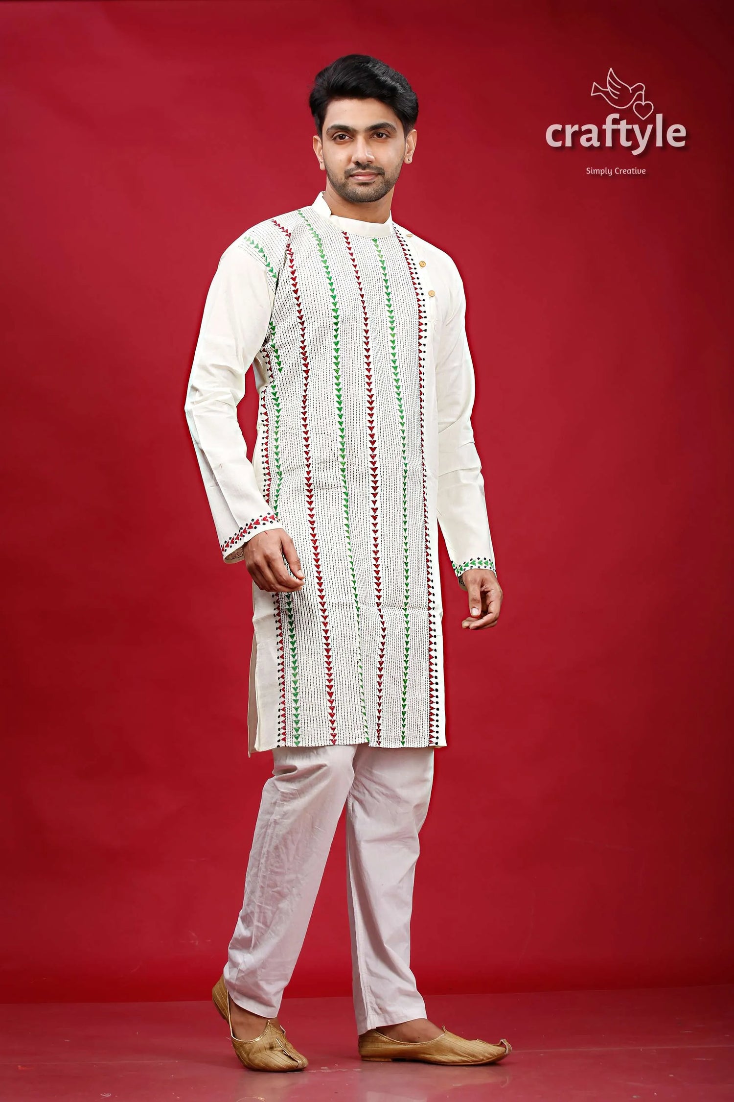 Ivory white kantha work ethnic cotton kurta for men embroidered vertical green 4